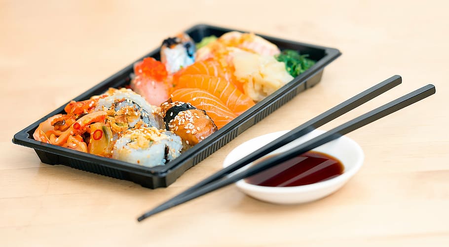 japanese food, table, sushi, take away, food, meal, seafood, japanese, roll, box