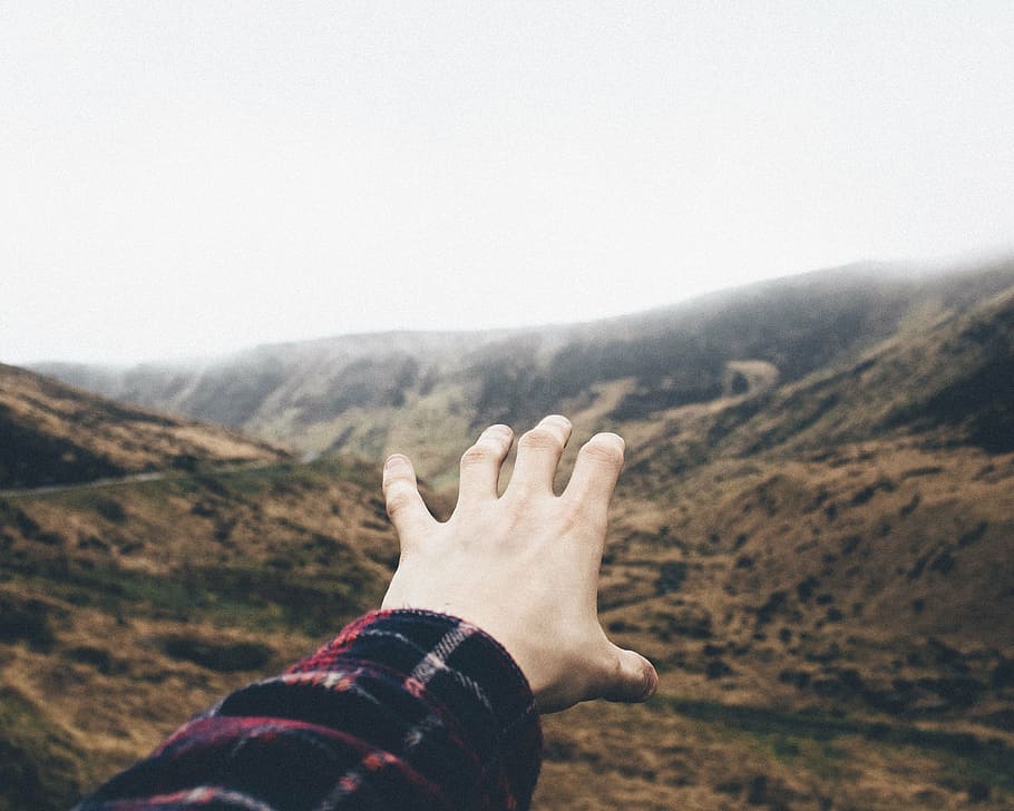 person, try, reach, mountain, people, hand, highland, view, blur, outdoor