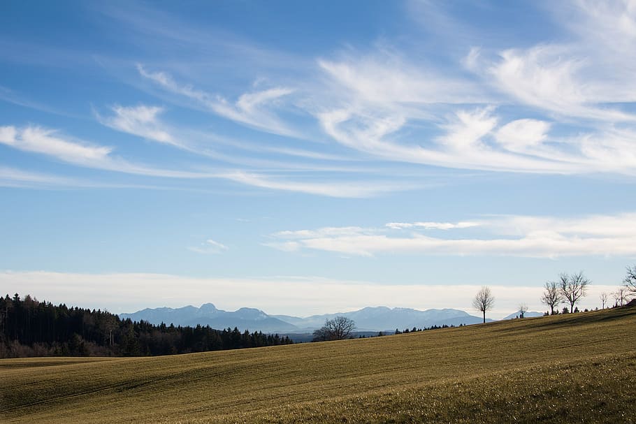 grassland during daytime, hair dryer, landscape, mountains, alpine, upper bavaria, spring, trees, blue, grey
