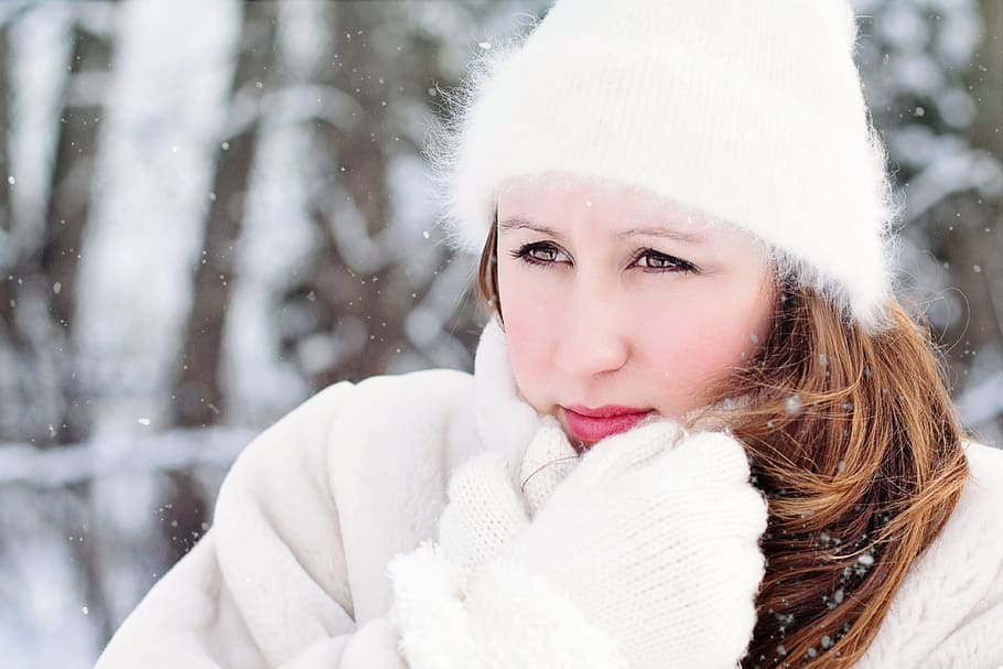 women, white, beanie cap, coat portrait photography, snow terrain, winter, cold, snow, christmas, frost