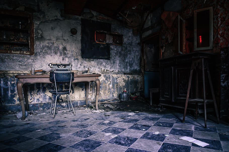 room, dark, space, old, interior, vintage, gloomy, floor, dirty, typewriter