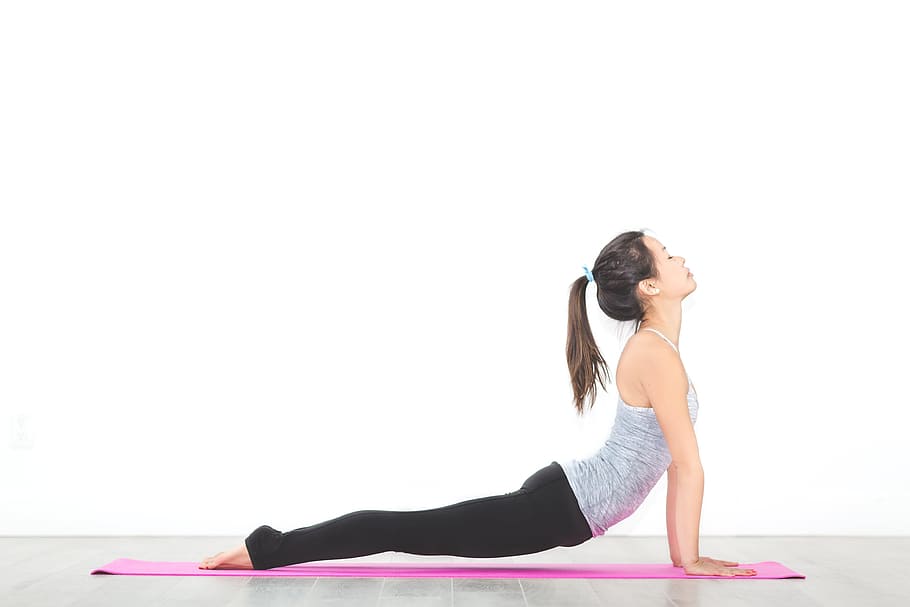 woman, wearing, grey, tank-top, yoga, white, wall, people, mat, meditation