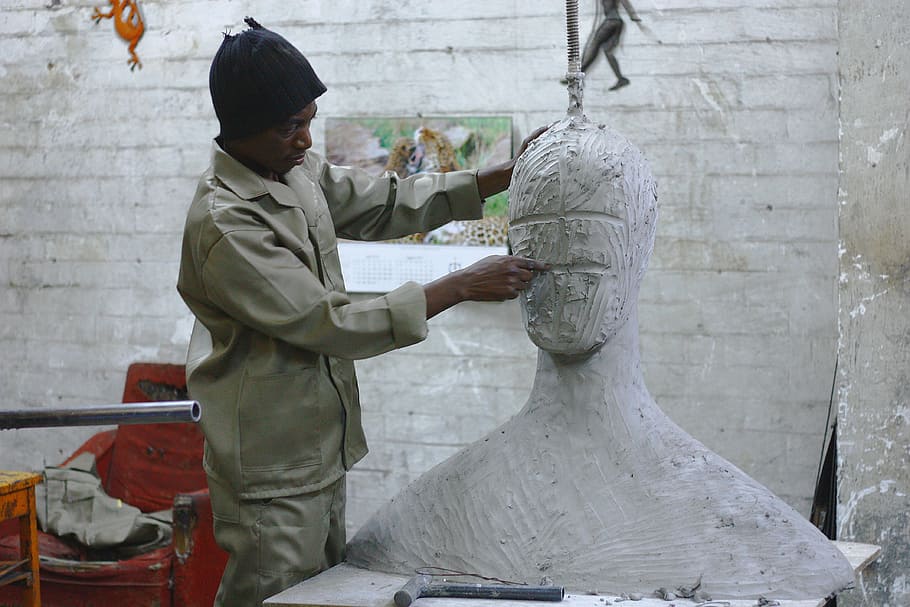man, wearing, grey, shirt, sculpture, people, carving, art, cultures, occupation