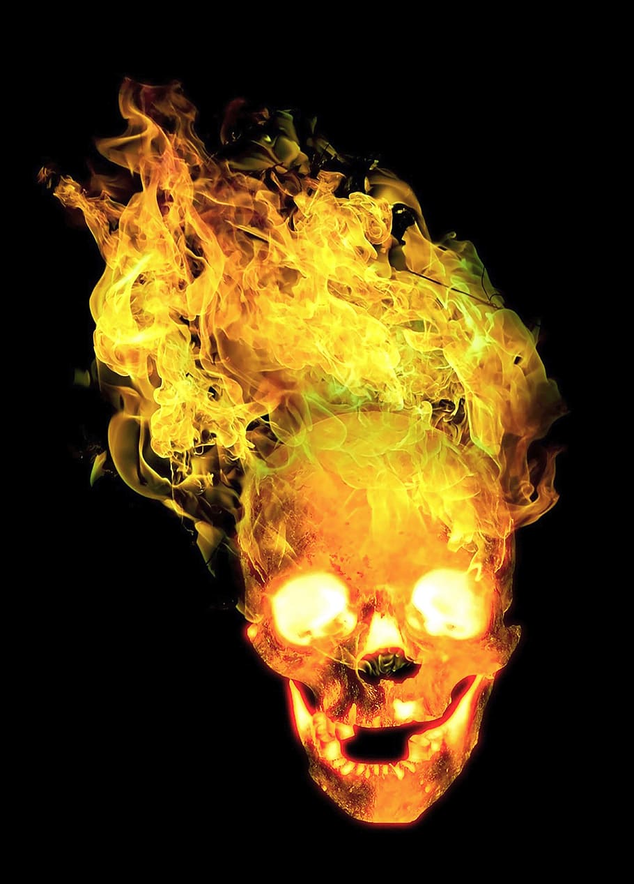 papel tapiz de cabeza de jinete fantasma, cráneo y huesos cruzados, cabeza, hueso, fuego, llama, cráneo, hueso del cráneo, anatomía humana, extraño