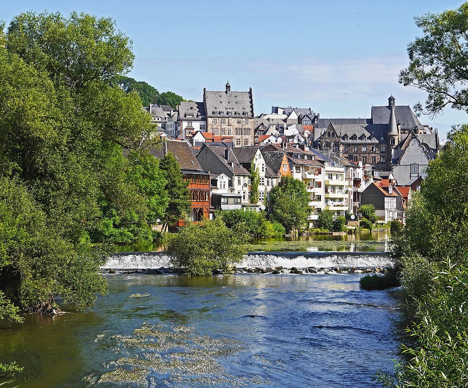 marburg, lahn, weir, upper town, town hall, historically, river, hesse, city view, germany