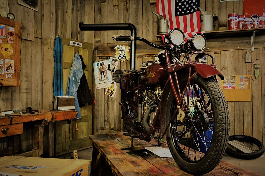 garage, motorcycle, workshop, repair, motorcycles, mechanic, retro, vintage, bicycle, transportation