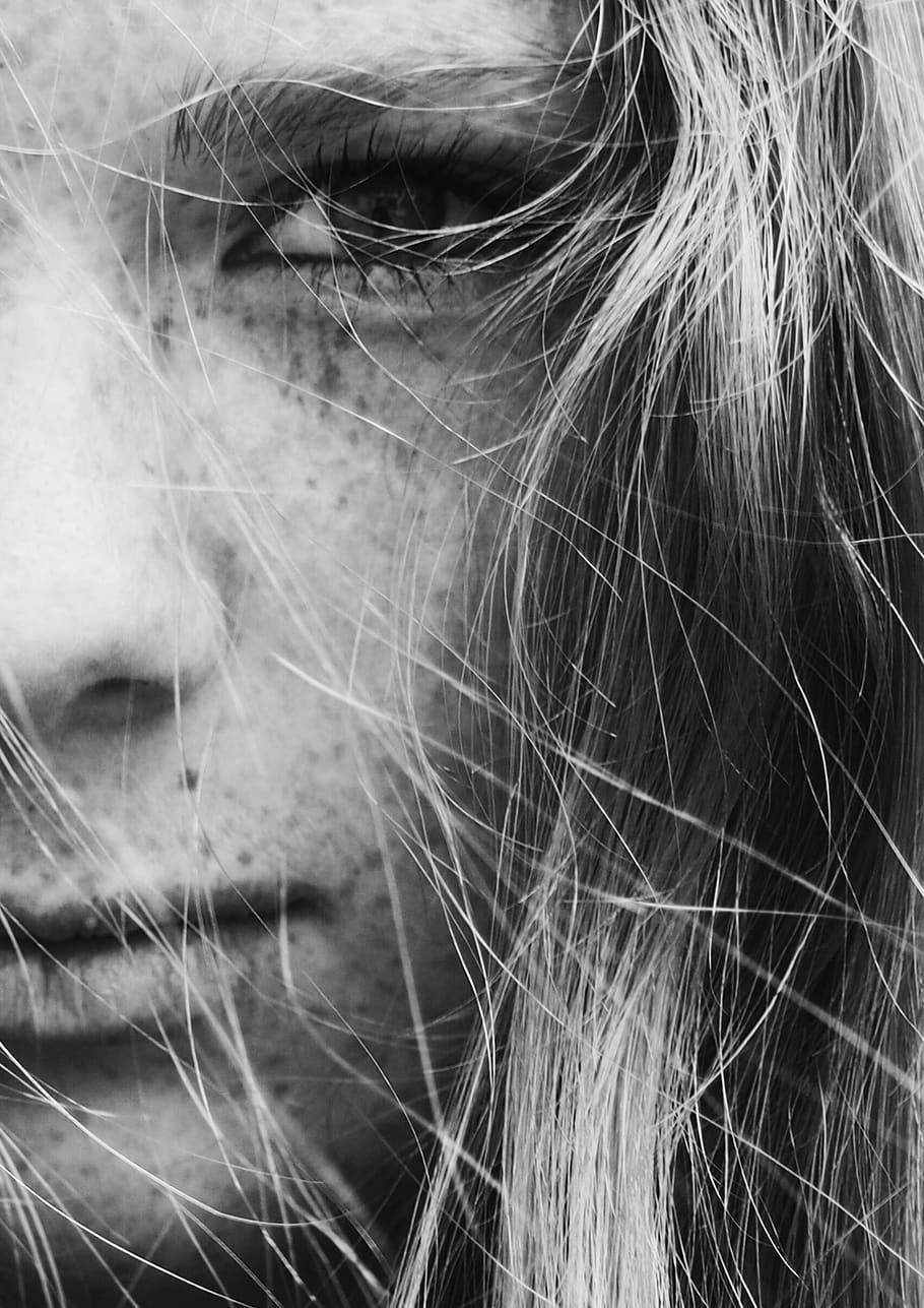 black and white, people, girl, hair, lips, nose, eye, face, skin spots, close-up