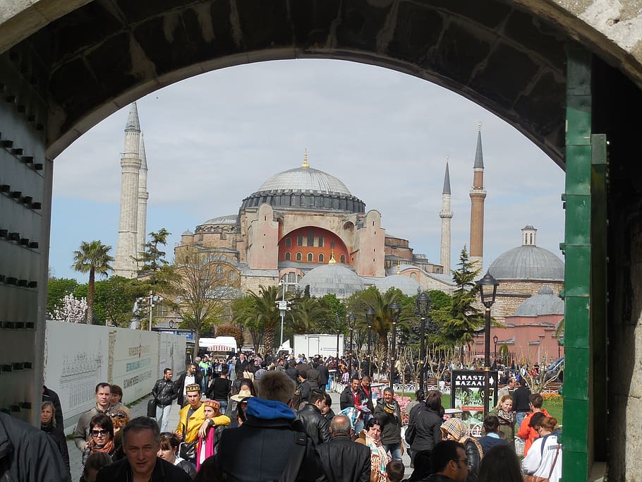 istanbul, hagia sophia, mosque, architecture, built structure, building exterior, crowd, dome, group of people, real people