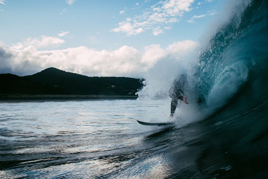 man surfing, blue, sky, person, surf, board, sea, waves, near, black