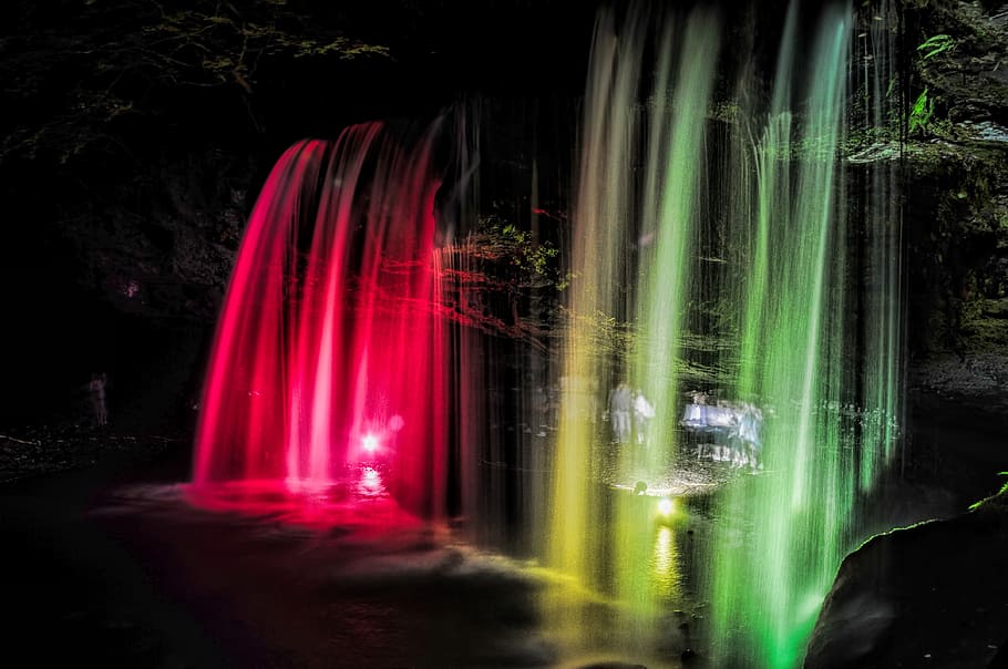 cachoeiras iluminadas, cachoeira, japão, rio, água, noite, iluminar, longa exposição, movimento, cascata