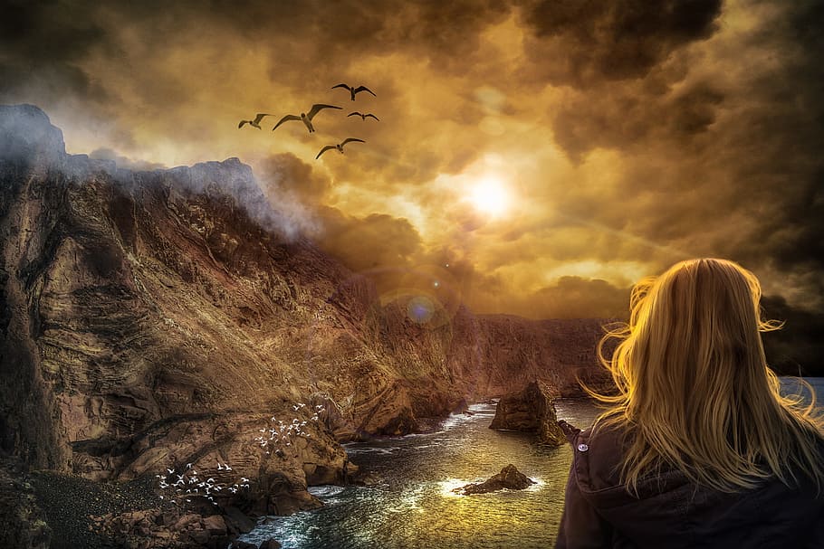 blonde, haired woman, black, shirt, facing, brown, mountain, sunrise, sunset, nature