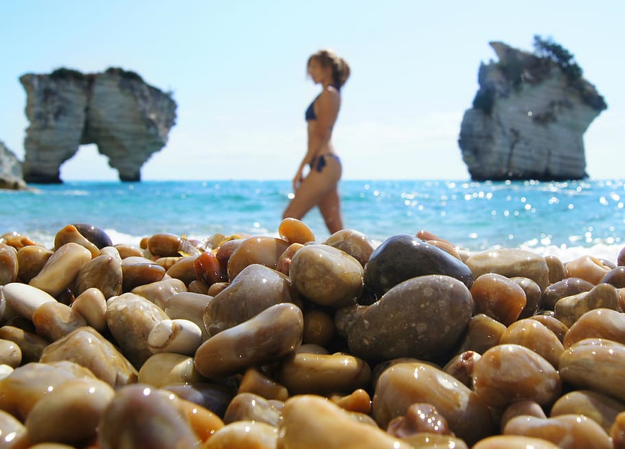 carmen, fiano, delle, woman, standing, seashore, stones, sea, water, rock