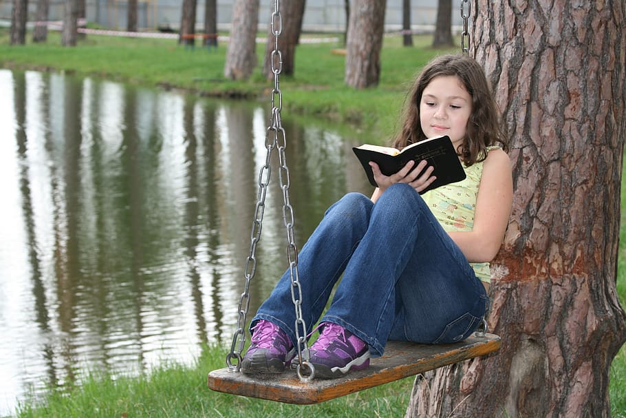 bible, vera, girl, christian, swing, reading, one person, casual clothing, sitting, leisure activity