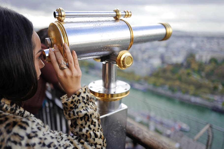 people, woman, girl, telescope, metal, steel, blur, one person, holding, binoculars