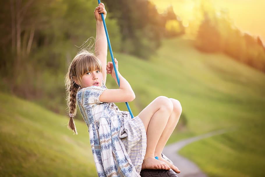 girl, sitting, swing, holding, rope, day, person, human, child, blond