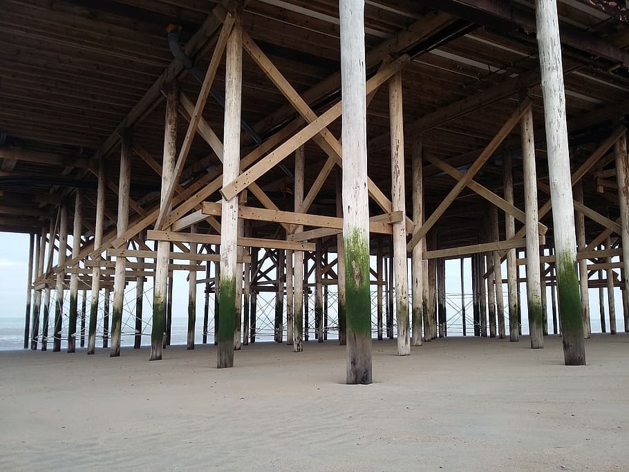 woodhouse, beach, wooden planks, sand, foundation, wooden frame, structure, spar, architecture, wood - material