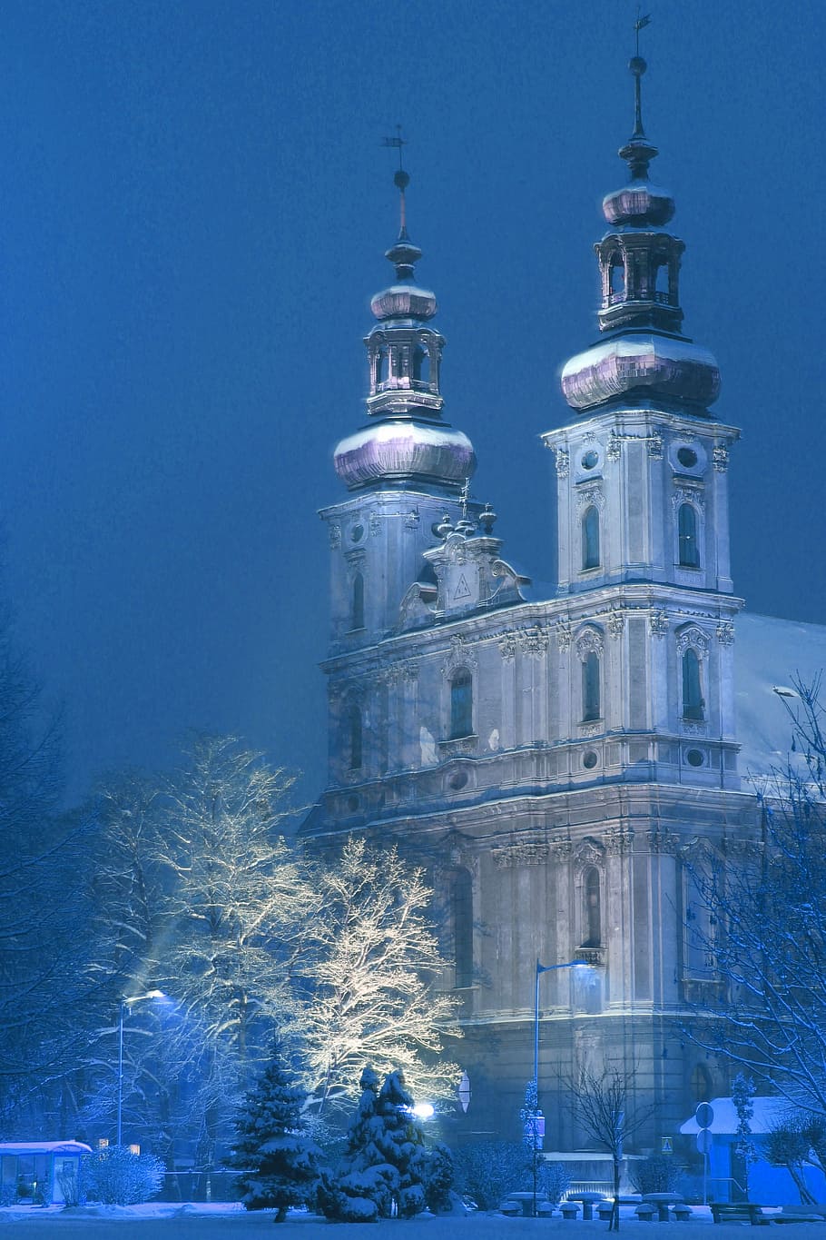 white castle, winter, church, nysa, silesian rome, a fairy tale, architecture, building exterior, night, blue