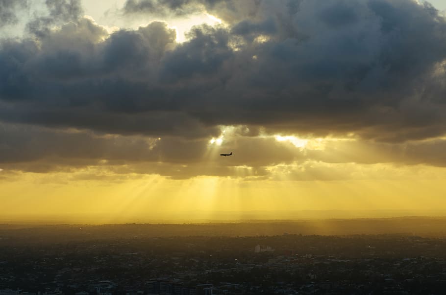 plane, cloudy, sky, crepuscular, rays, stratus, clouds, sunbeams, airplane, flying