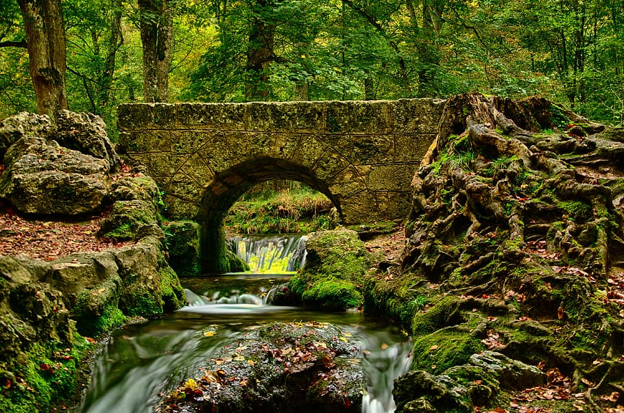 fotografía de timelaps, río, que fluye, hormigón, puente, rodeado, verde, árboles de hoja, bad urach, alemania