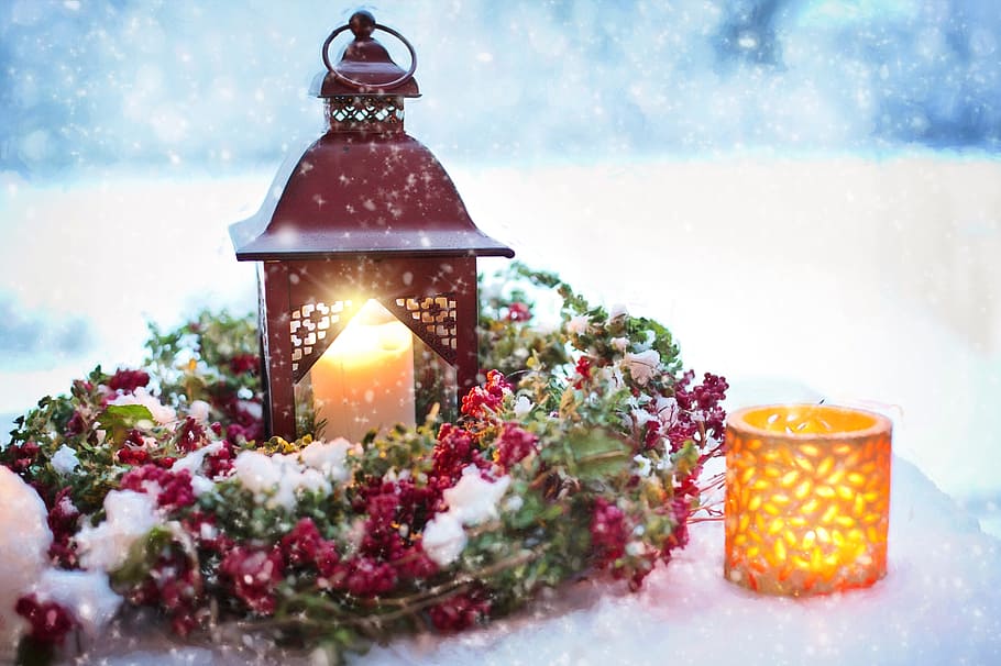 white, pillar candle, red, lantern, winter, snowy still-life, christmas, decoration, snowy, xmas