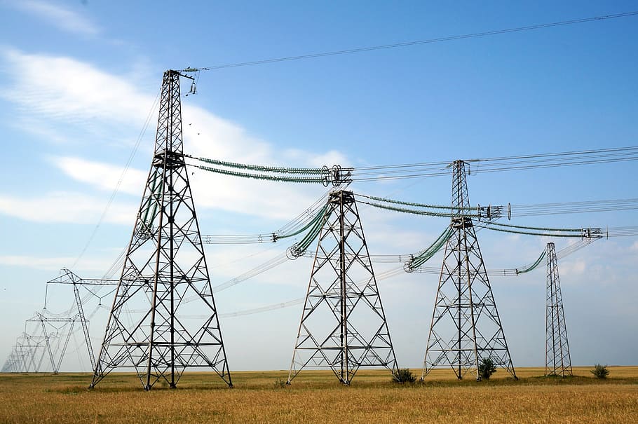 several, high, tension towers, power line, lap, energy, electricity, kazakhstan, fuel and power generation, sky