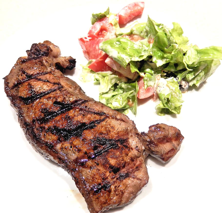 grilled, meat, salad, strip loin steak, bbq, food, food and drink, ready-to-eat, freshness, healthy eating