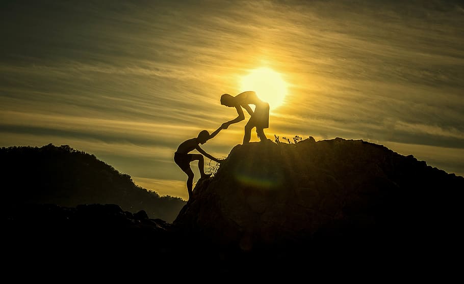silhouette, man, helping, another, climb, cliff, golden, hour, adventure, height level