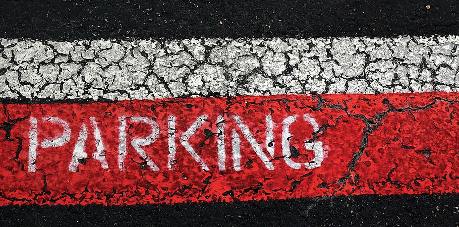 red, white, parking lot ground, parking, lot, concrete, cracked, asphalt, zone, blue
