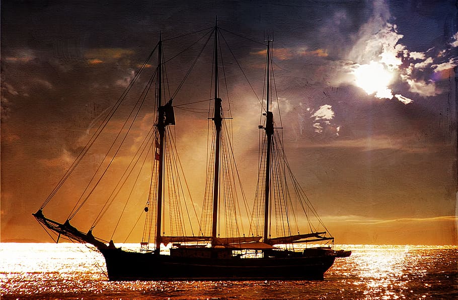 silhouette photography, ship, body, water, sea, lake, ocean, wave, sailing vessel, sky