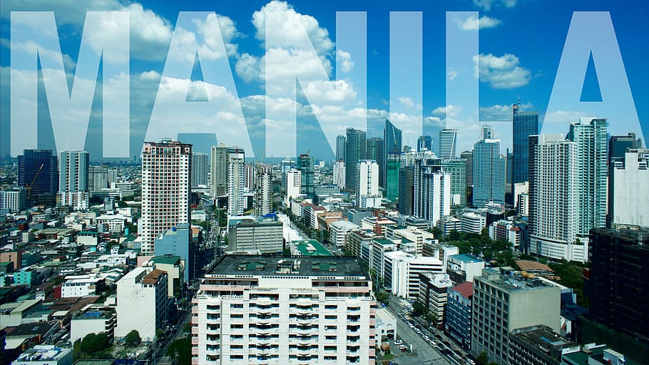 arquitectónico, fotografía, manila, paisaje urbano, ciudad, señas, filipinas, la palabra, nombre, letras grandes