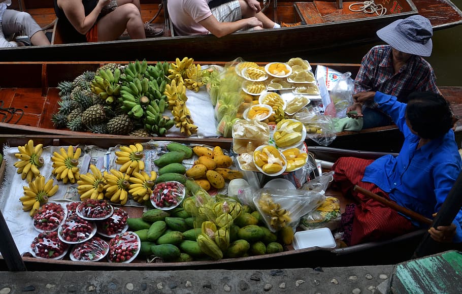 berbagai macam, buah-buahan, perahu, siang hari, memasak, makanan, perjalanan, tropis, thailand, air