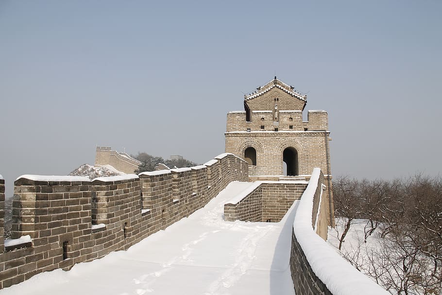 winter, snow, building, tourism, sky, china, the great wall of china, badaling great wall, the great wall, the user-le