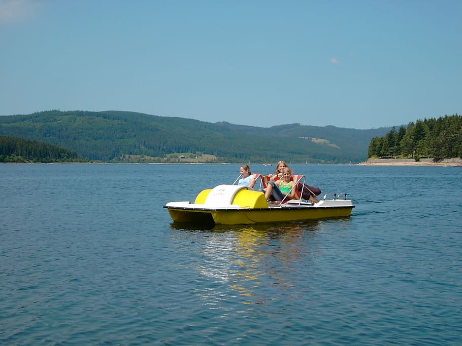 Schluchsee, Pedal Boat, Summer, black forest, two people, togetherness, heterosexual couple, adult, lake, sitting