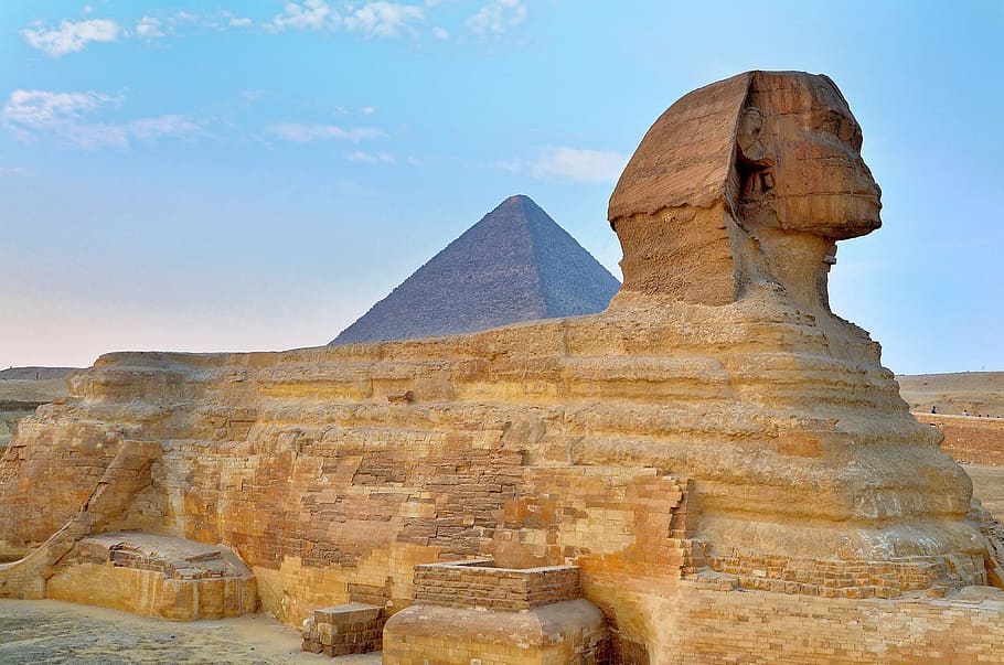 이집트, 카이로, 기자, 위대한 스핑크스, ops 피라미드, 여행, 사막, 하늘, 록, 돌