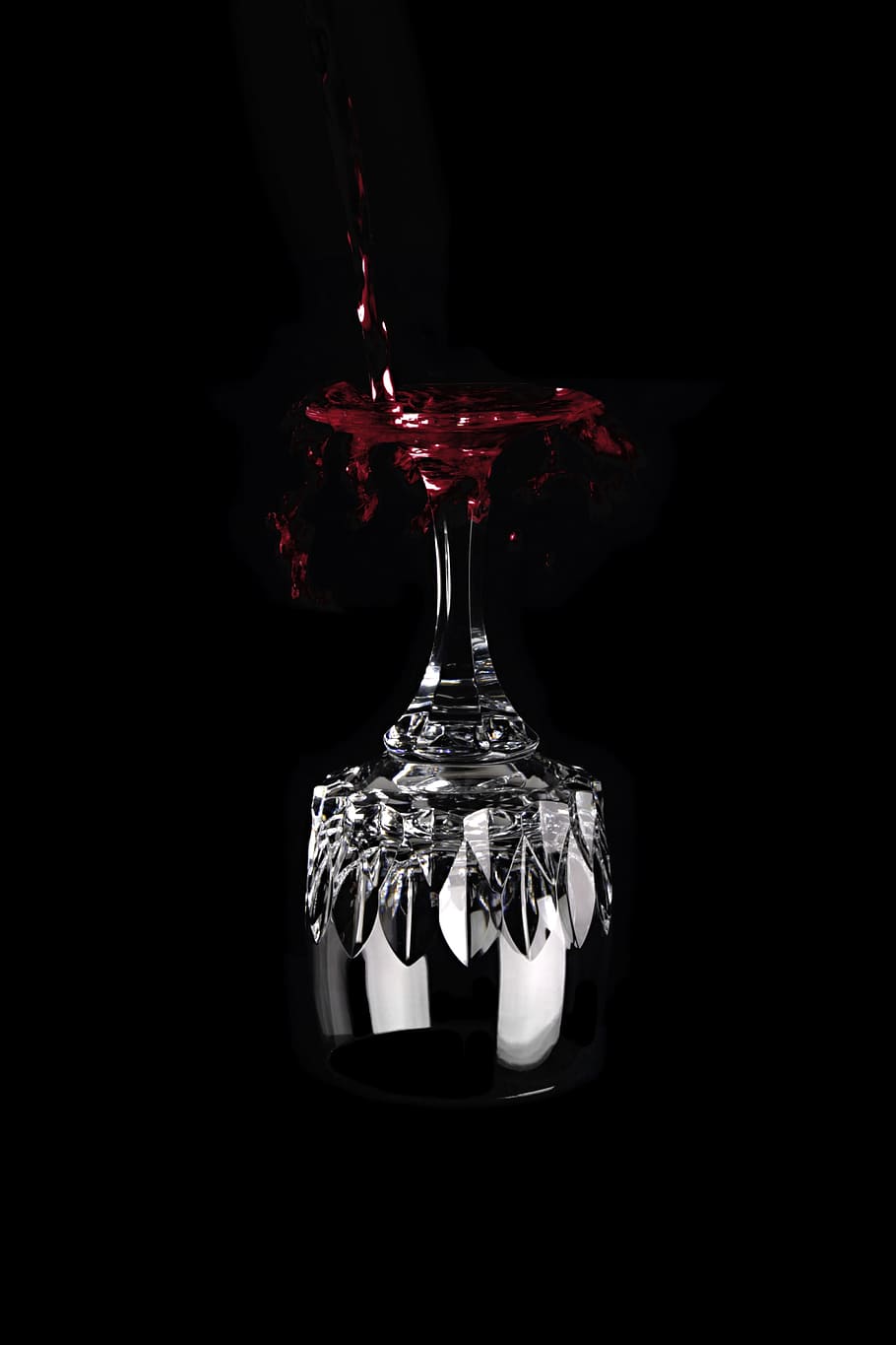 headstand wine over head, wine glass, red wine, studio shot, black background, indoors, reflection, close-up, splashing, red
