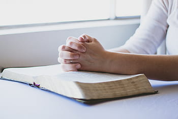 person, sitting, hand, book, top, prayer, bible, christian, folded hands, religion