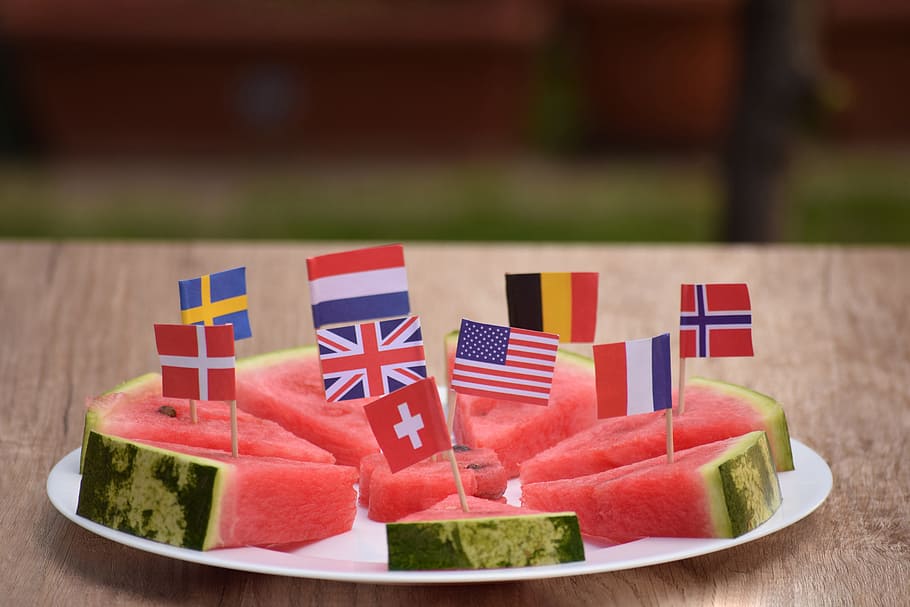 watermelon, plate, served, flags, world, fruit, healthy, food, food for my health, food and drink