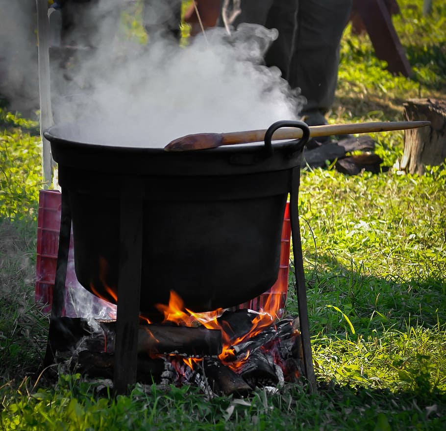black, cooking pot, laddle, kettle, cauldron, preparation, food, heat, equipment, preparing