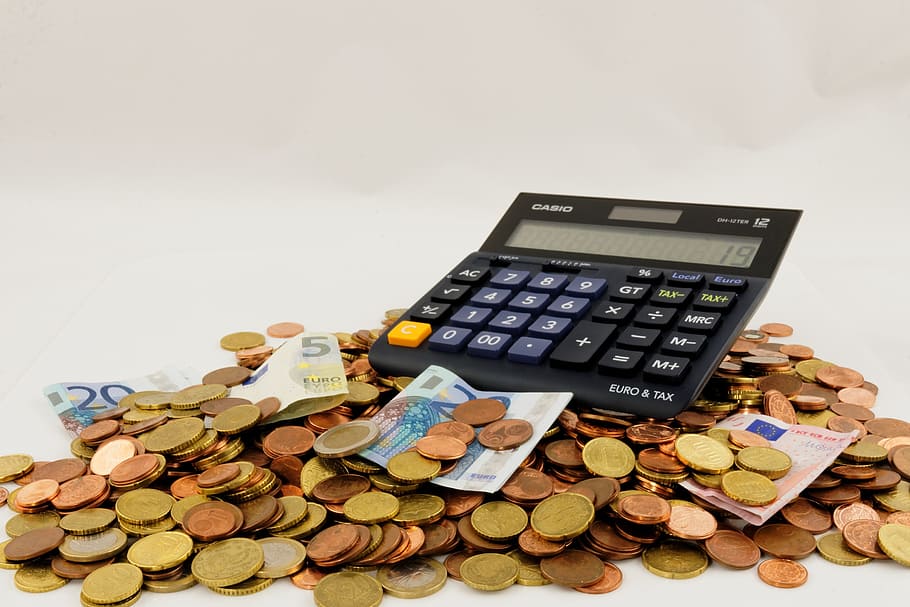 black, calculator, round coin lot, euro, seem, money, finance, piggy bank, save, cent