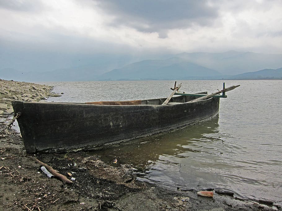 fishing boat, lake, greece, cloudy, stormy, fishing, boat, water, landscape, wood