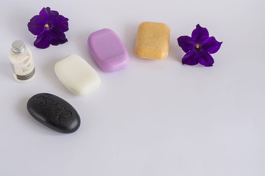 four, assorted-color soaps, white, surface, hygiene, spa, soap, black, washing, health