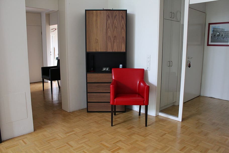 black, red, armchair, brown, wooden, cabinet, living, room, home, interior