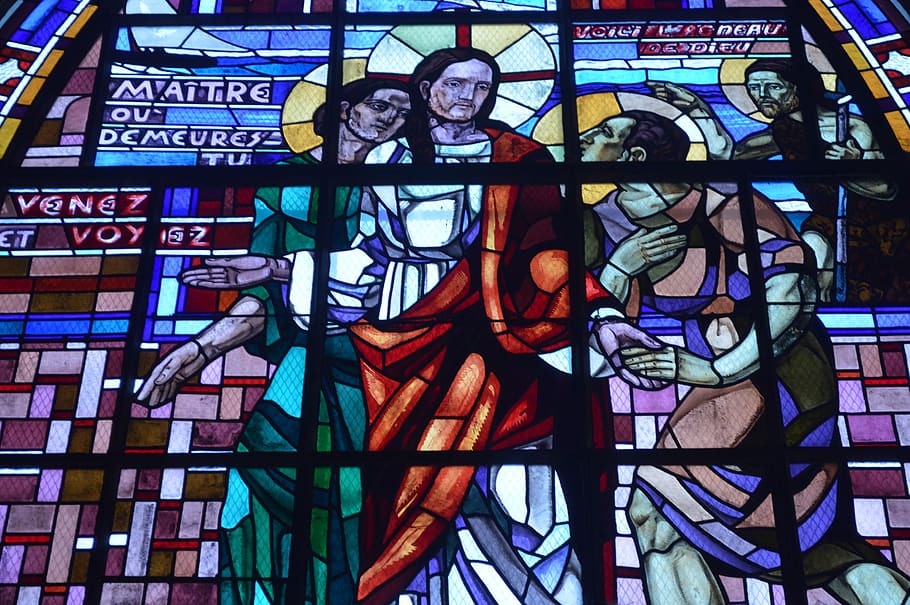stained glass, window, chapel, jesus, followers, call, rings, sea, fishermen, hands