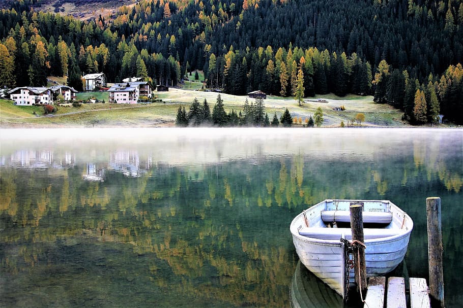 lake, boat, morning, haze, cool, autumn, hard rime, davos, reflection, beach