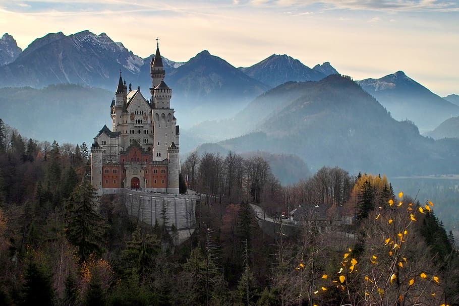 gray, black, castle, mountain, neuschwanstein castle, king ludwig, architecture, religion, building exterior, built structure