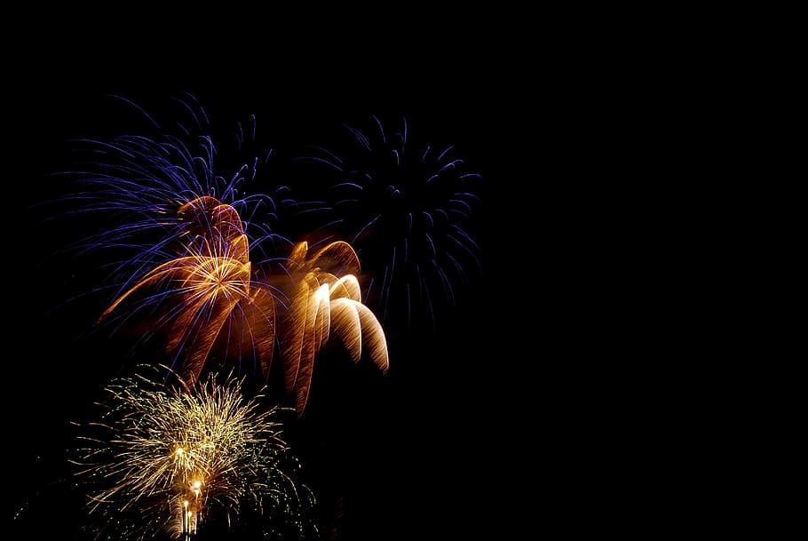 orange, yellow, blue, fireworks, celebration, holiday, party, event, festival, night