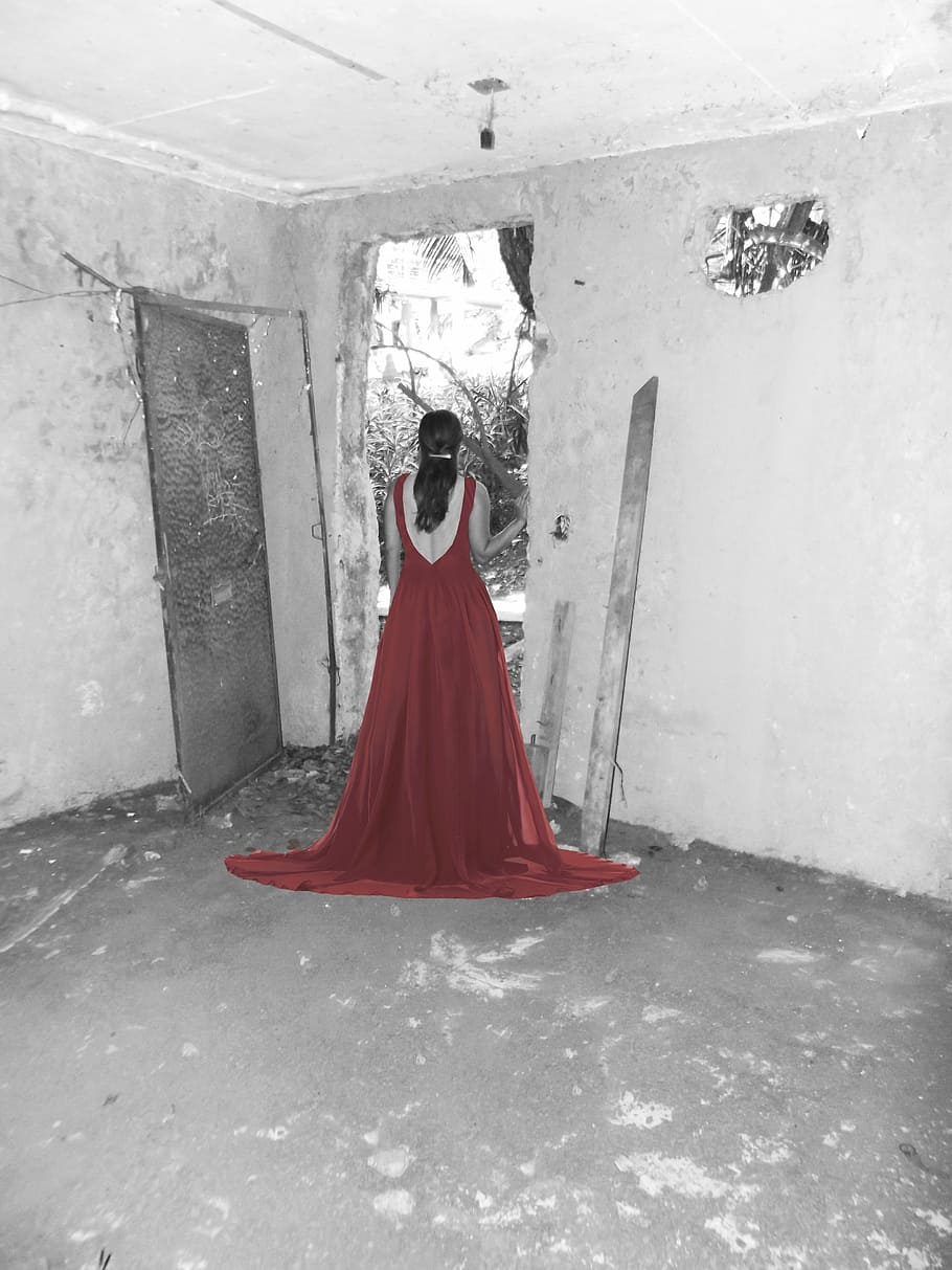 selective, color, woman, red, dress, women, girl, beauty, rubble, farewell