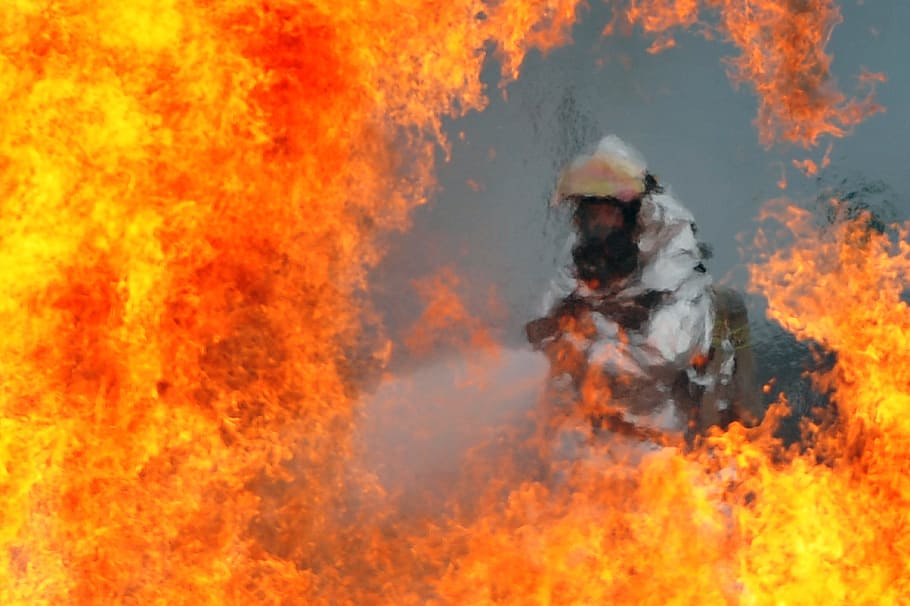 fireman, using, water hose, firefighter, training, simulated plane fire, flames, hot, heat, dangerous