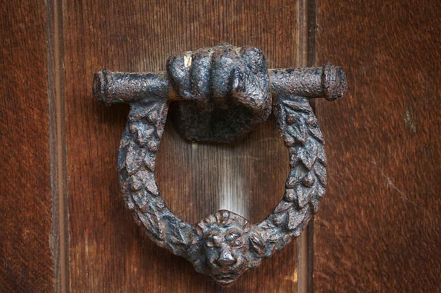 Door, Wood, Iron, Doorknocker, Old, Home, old, home, input, door knob, lion