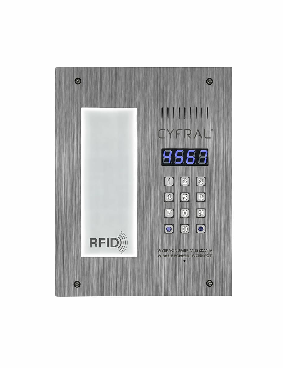 intercom, keyboard, blue display, list of tenants, white background, number, cut out, close-up, communication, text